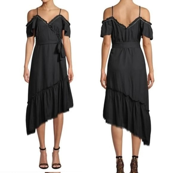 PAIGE Asymmetrical Cold Shoulder Dress Black with metal studs and fabric belt - Picture 2 of 12